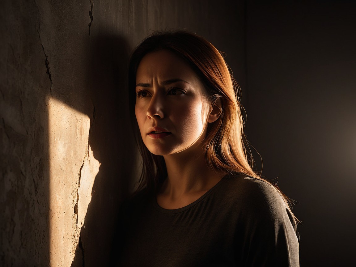 Close-up of a terrified woman in indoor sunlight