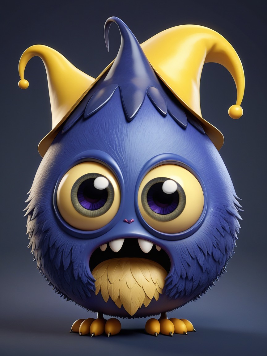 3D Cartoonish Fluffy Blue Character with Jester Hat