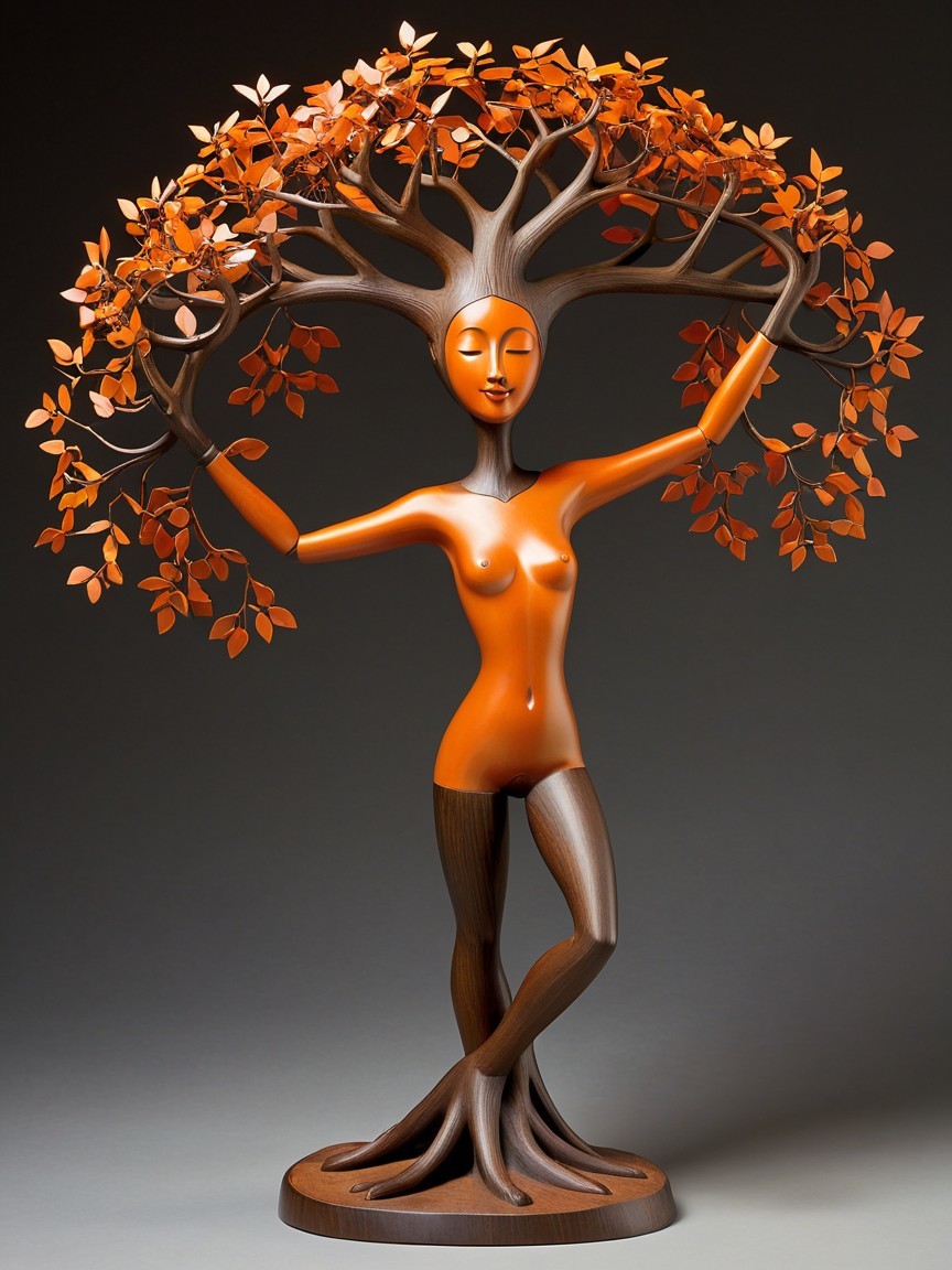 Wooden Sculpture of Tree Styled as Dancing Figure