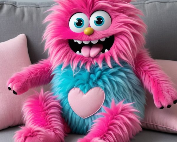 Fluffy Pink Monster Plush Toy on Couch with Pillows