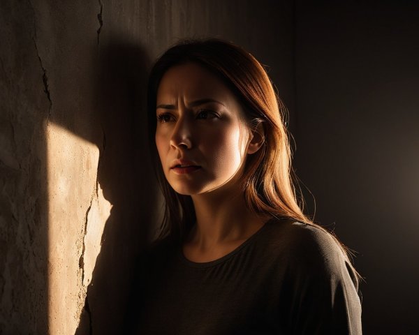 Close-up of a terrified woman in indoor sunlight