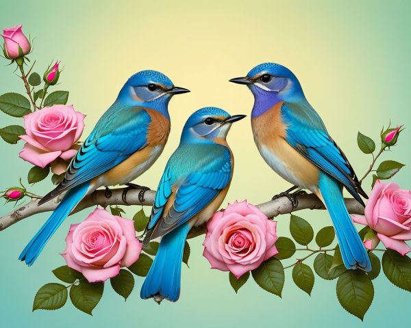 Vibrant Bluebirds on Branch with Pink Roses and Leaves