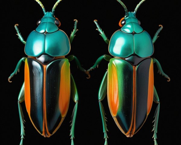 Iridescent Green and Blue Beetles on Black Background
