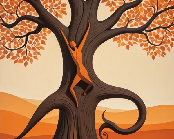 Surreal Illustration of a Stylized Figure Climbing a Tree