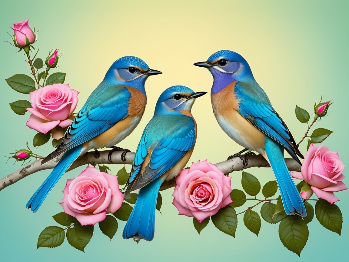 Vibrant Bluebirds on Branch with Pink Roses and Leaves