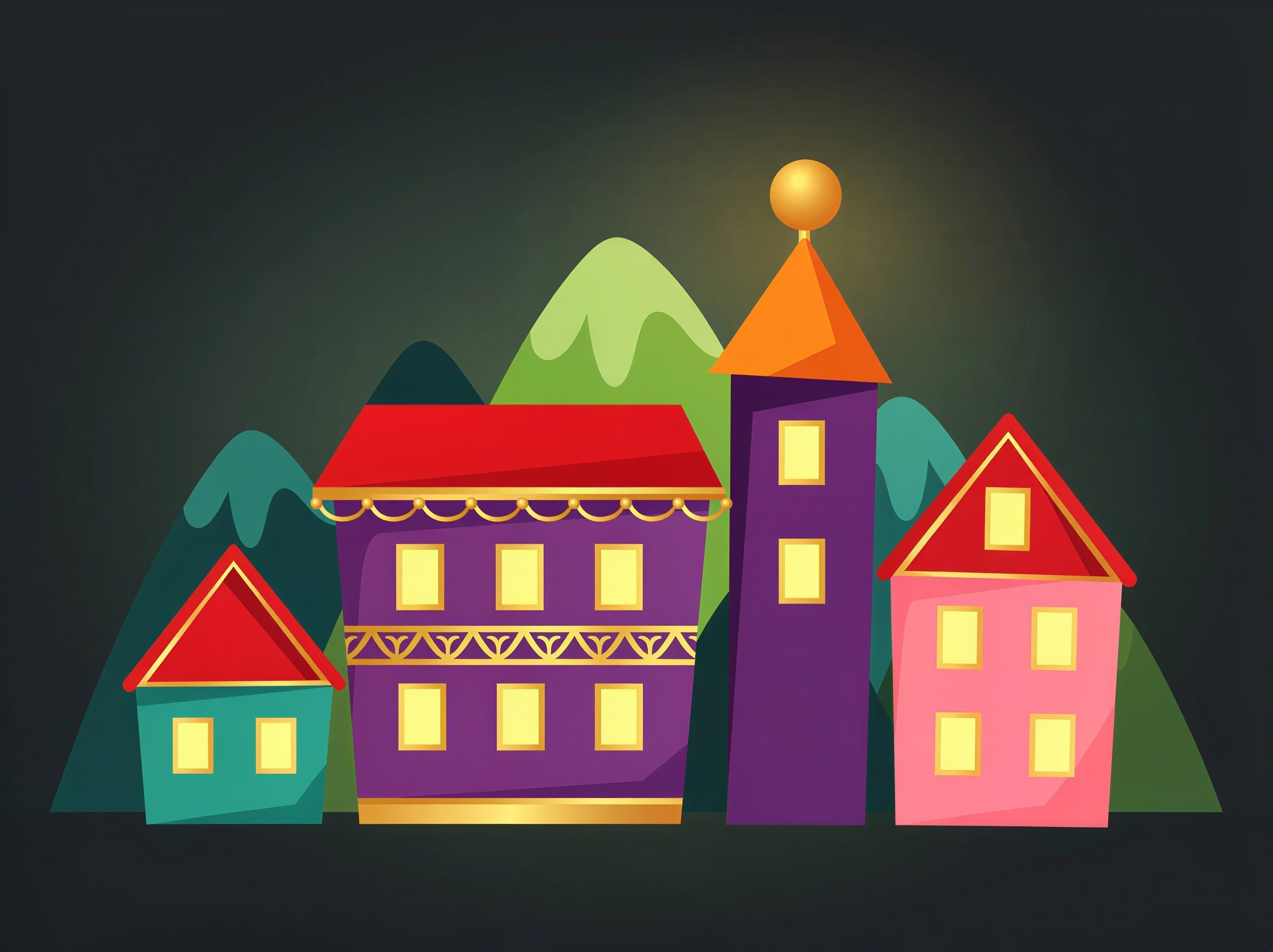 Colorful Cartoonish Houses with Stylized Mountains