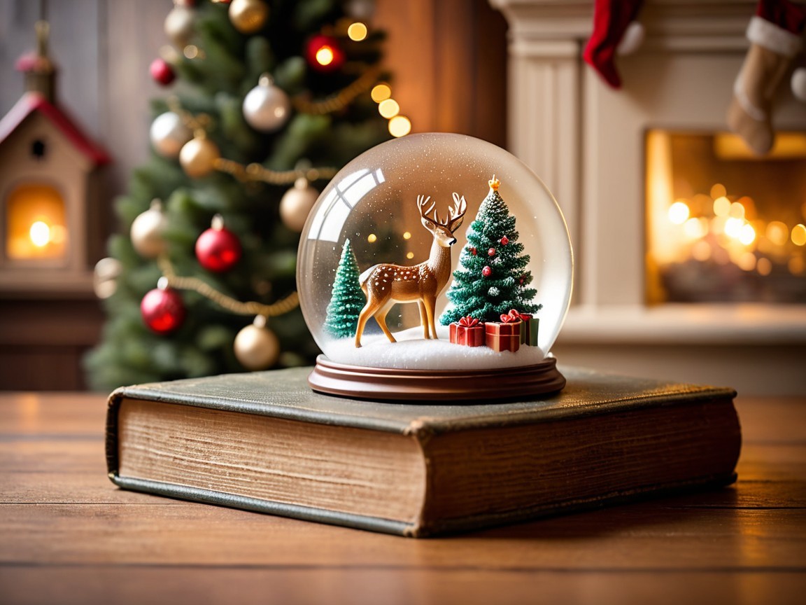 Snow globe with deer, Christmas tree, and presents