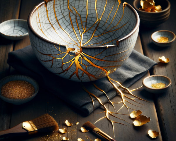 Ceramic Bowl with Gold Accents and Textured Surface