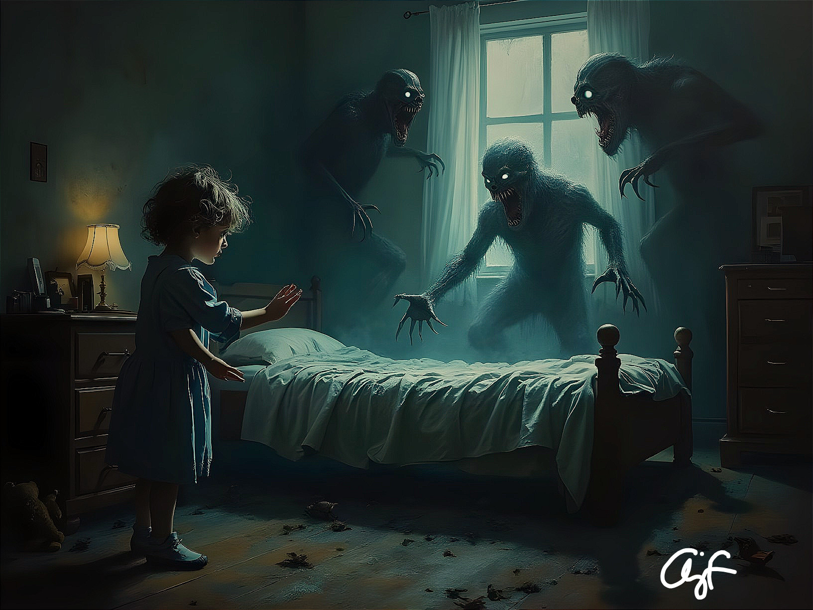 Young girl in blue dress amidst eerie shadows and figures