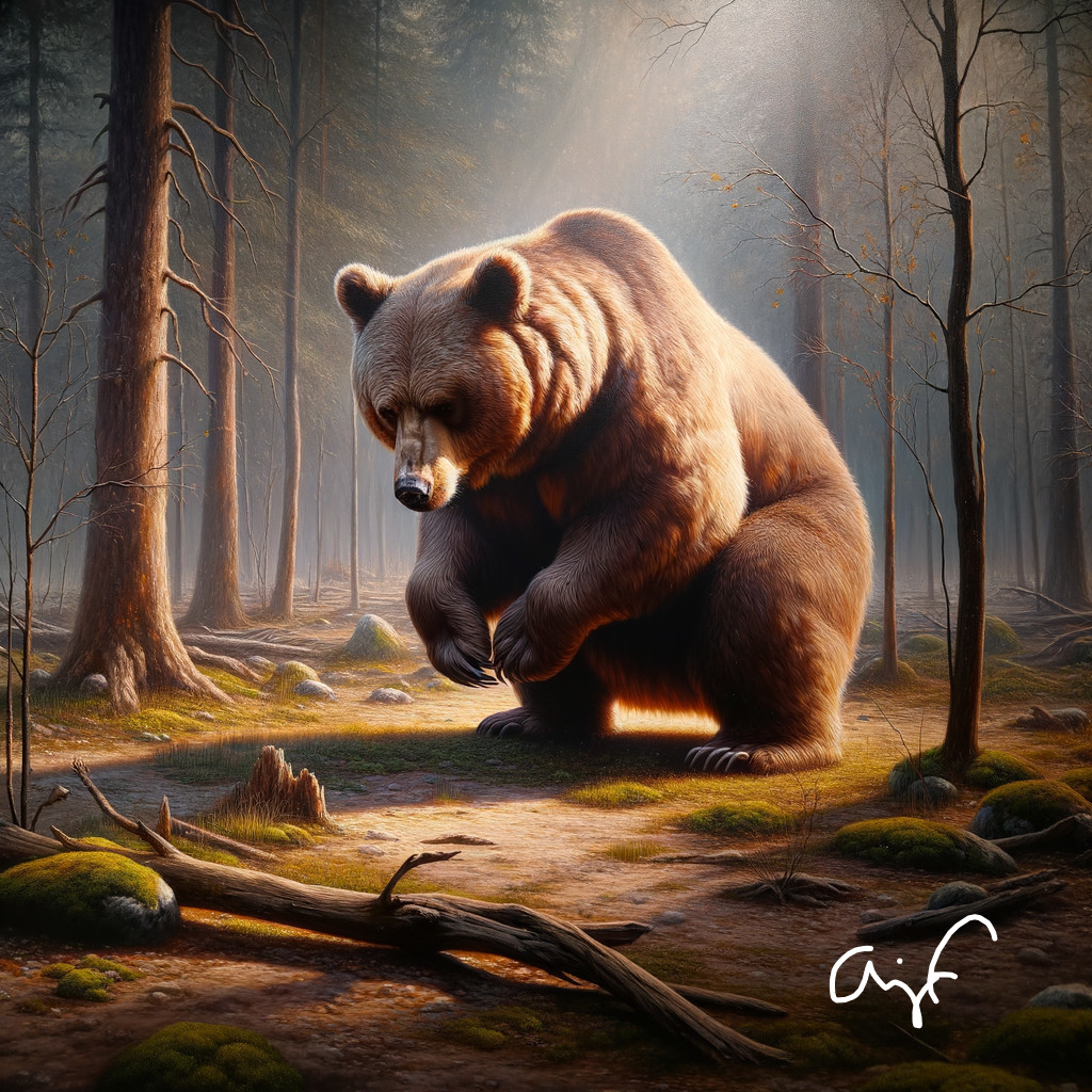 Majestic bear in serene forest with sunlight filtering