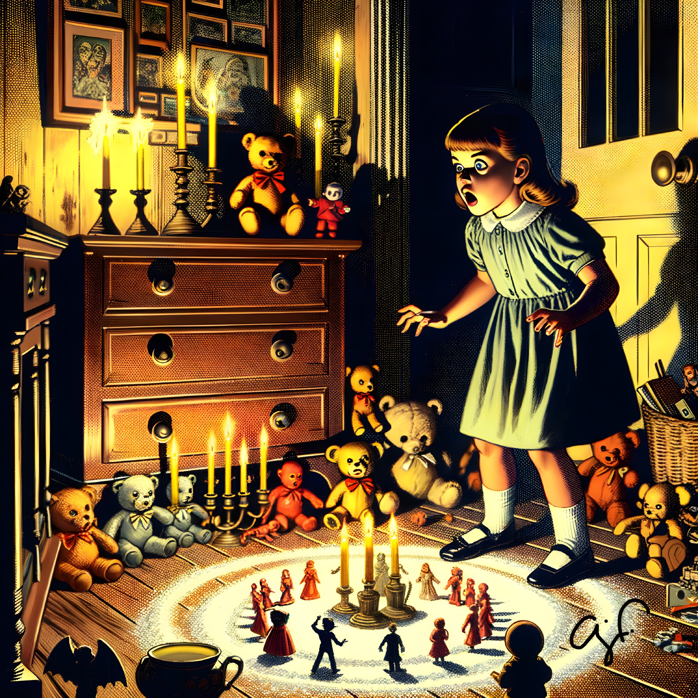 Young girl in vintage dress in candlelit room with toys