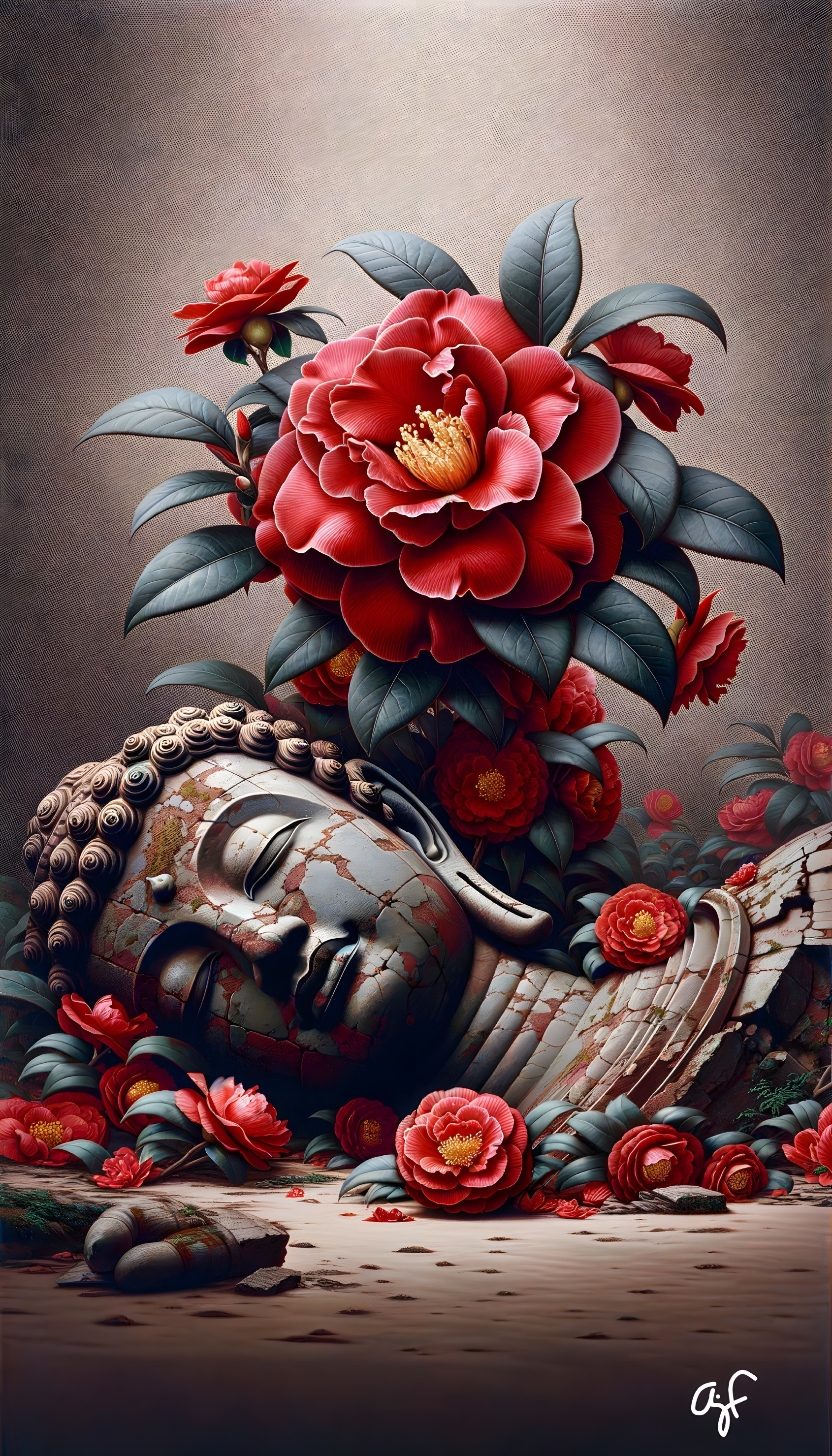 Buddha Head Surrounded by Camellia Flowers and Leaves