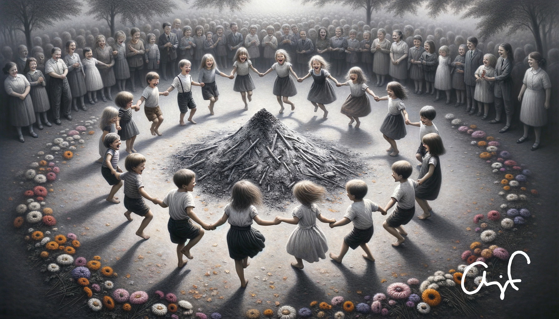 Children in Vintage Clothing Dance in Monochrome Landscape