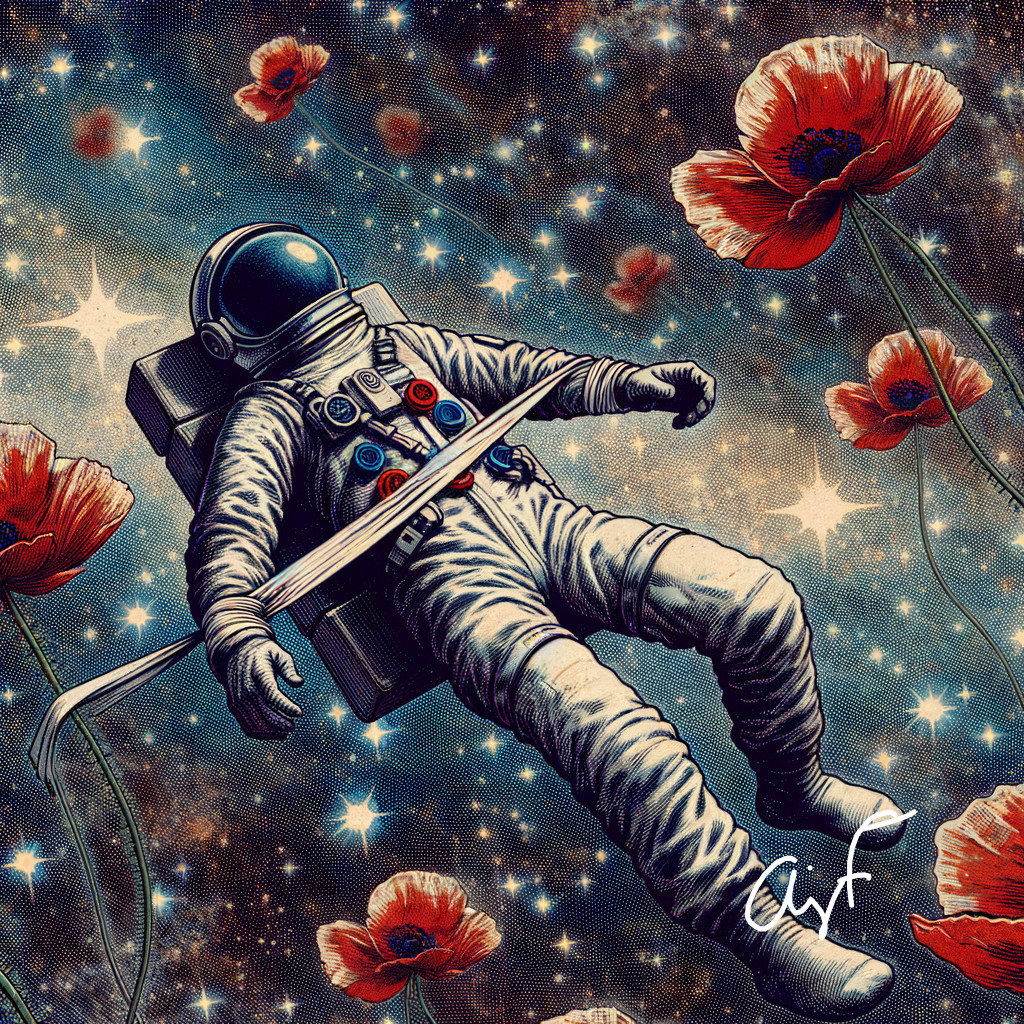 Astronaut in Space Surrounded by Red Poppies