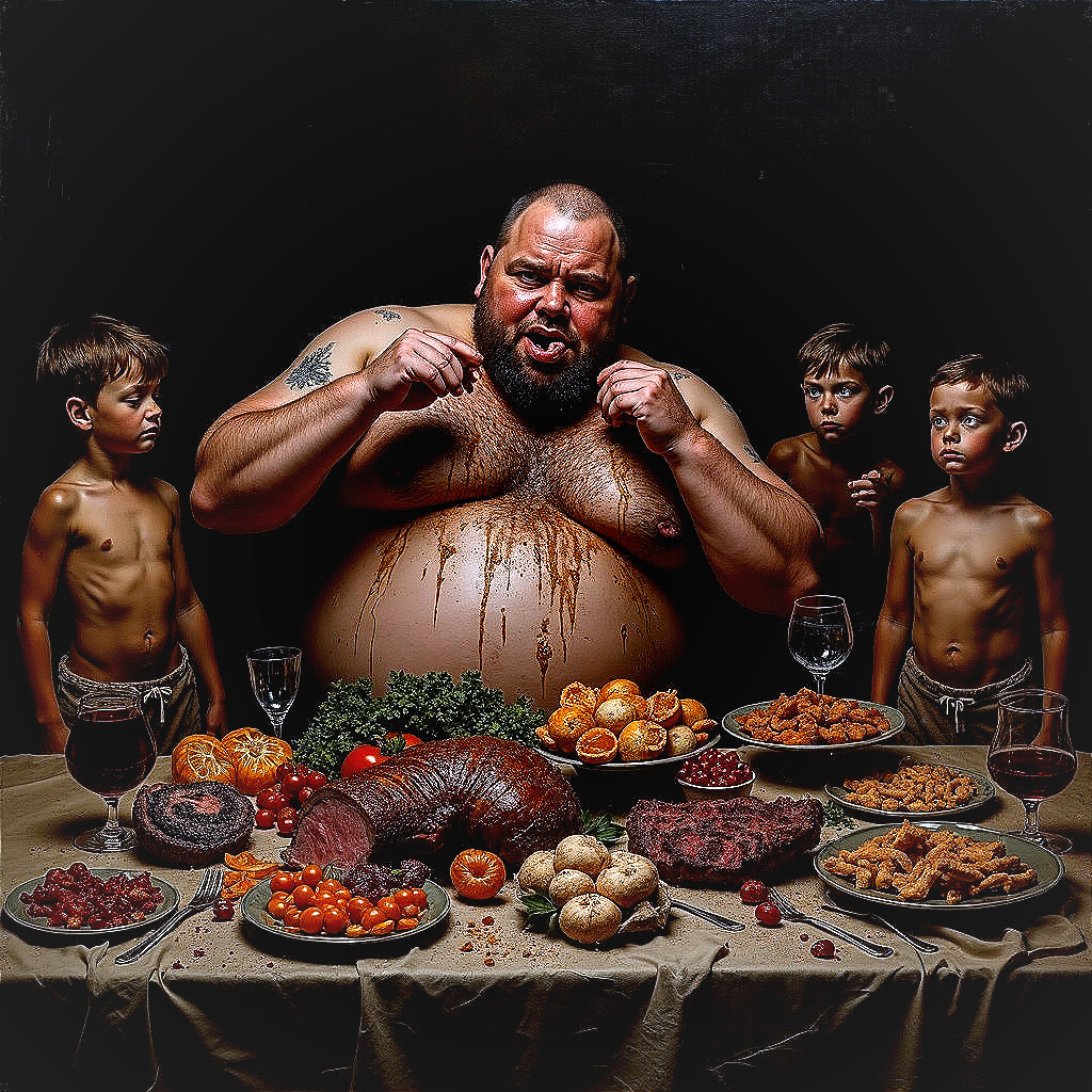 Shirtless Man Gesturing at Lavish Feast with Boys