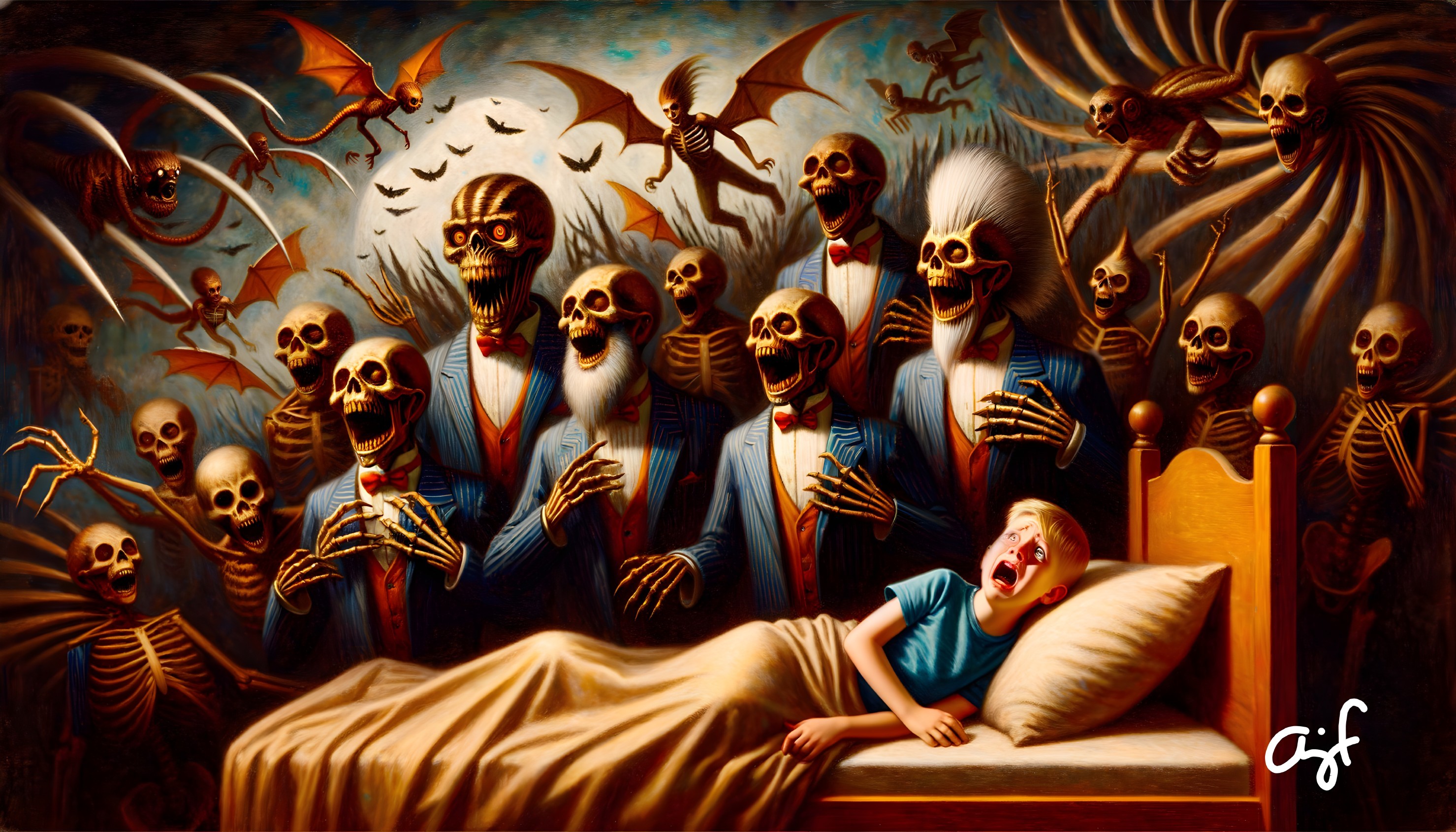 Young boy in bed surrounded by tuxedo skeletons