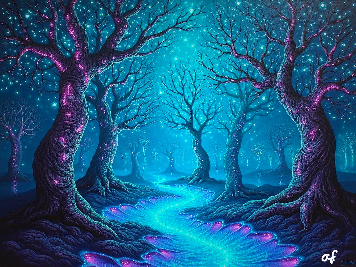 Mystical Forest Scene with Blue and Purple Hues