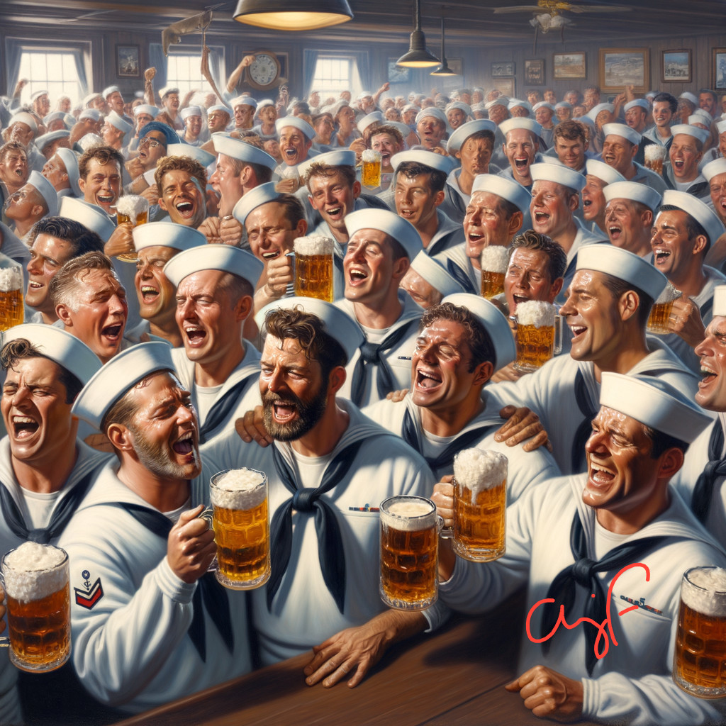 Sailors in White Uniforms Celebrate in Lively Tavern