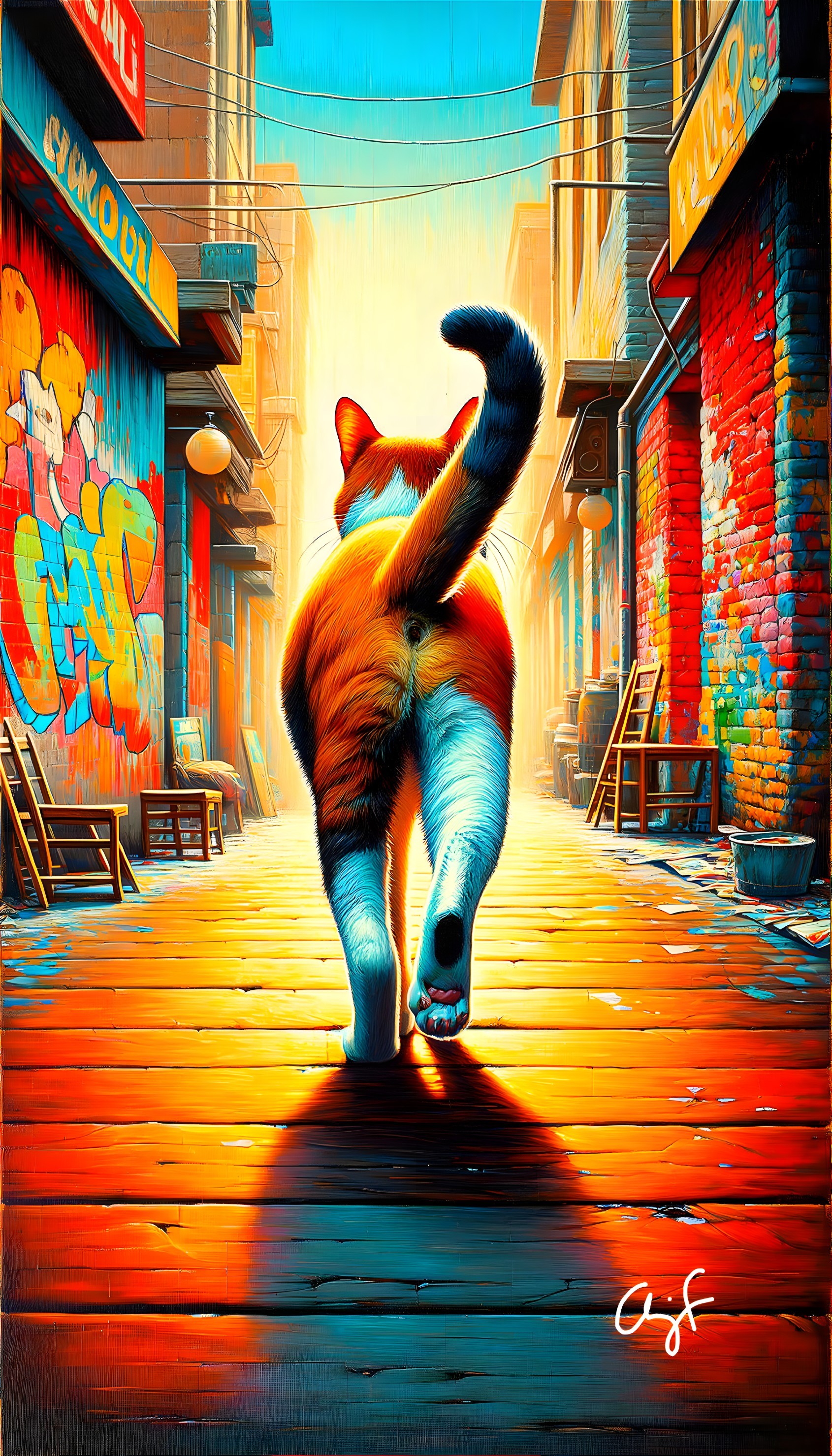 Vibrant Urban Alleyway with Graffiti and Cat