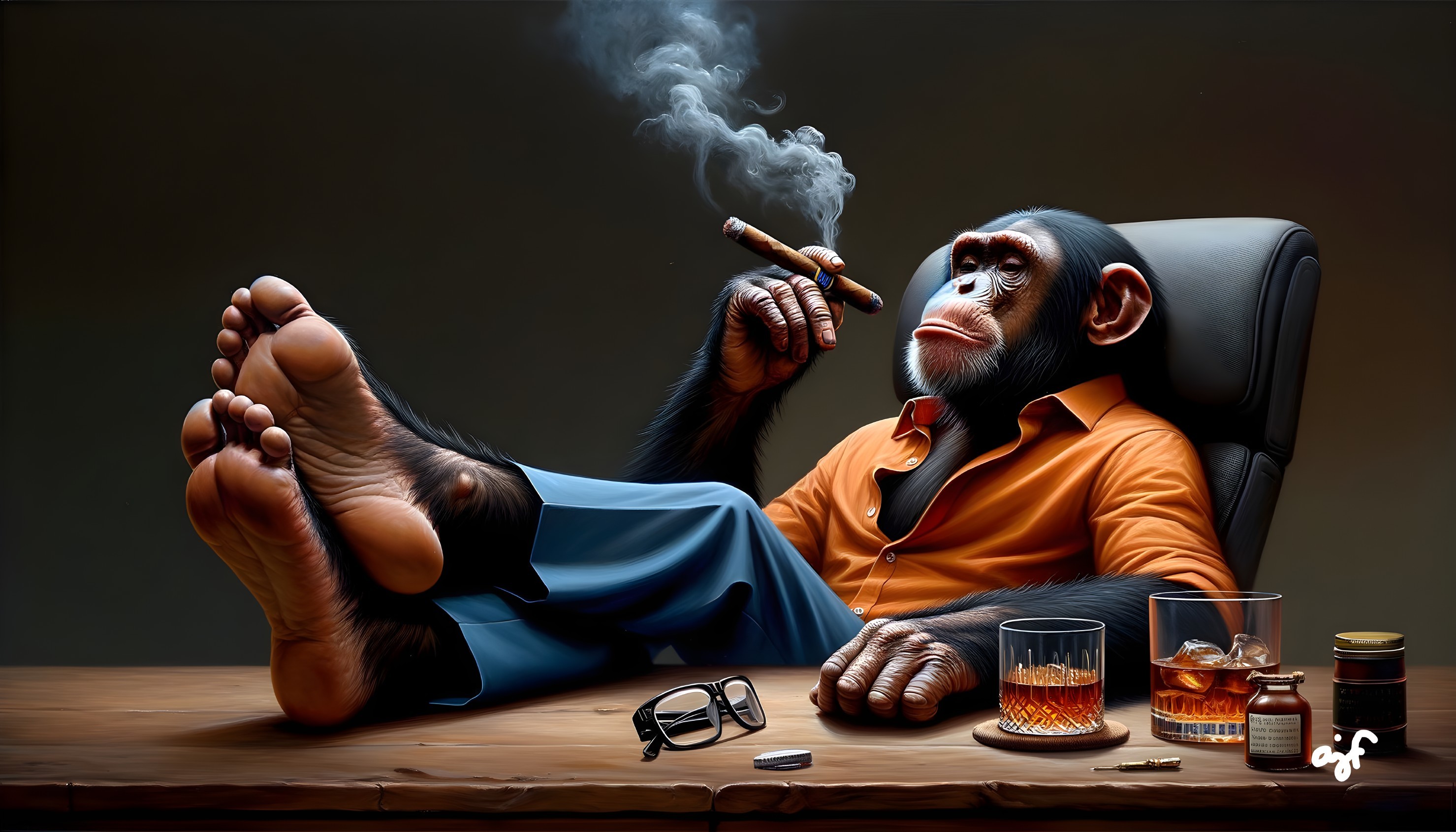 Chilled Chimpanzee at Desk with Cigar and Whiskey