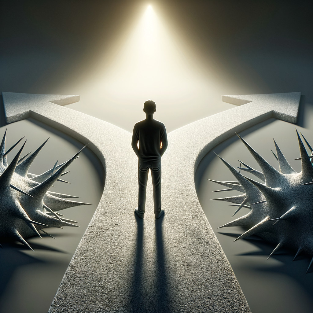 Solitary Figure at a Fork in the Road with Obstacles