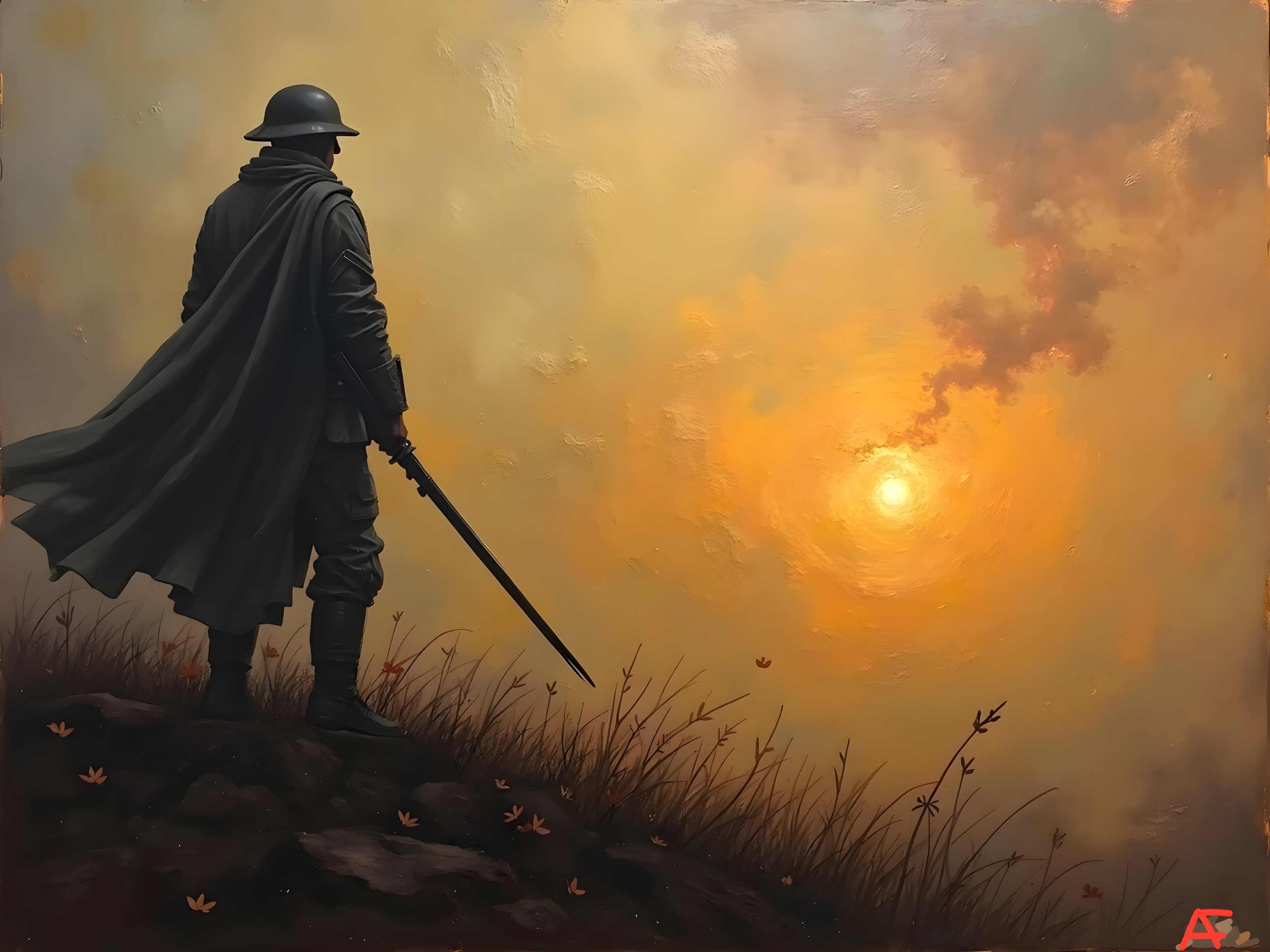 Lone Soldier Silhouetted at Sunset with Autumn Landscape
