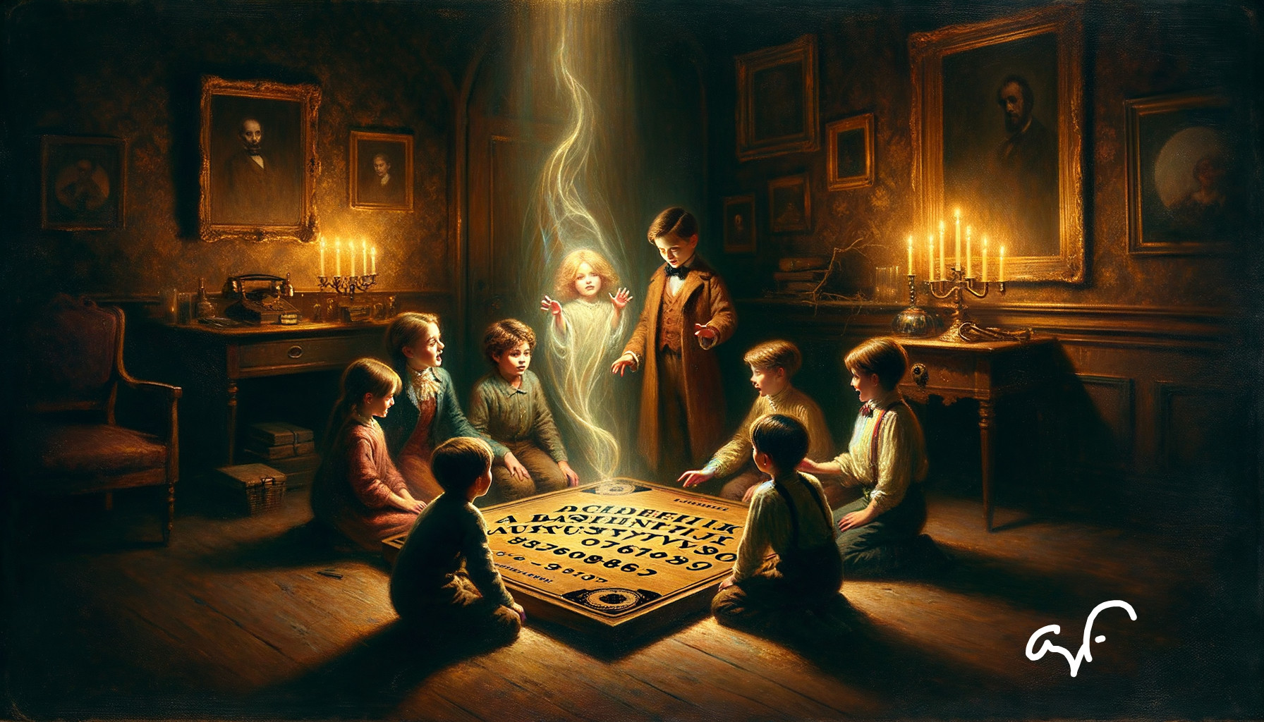 Children Using Ouija Board in Dimly Lit Room