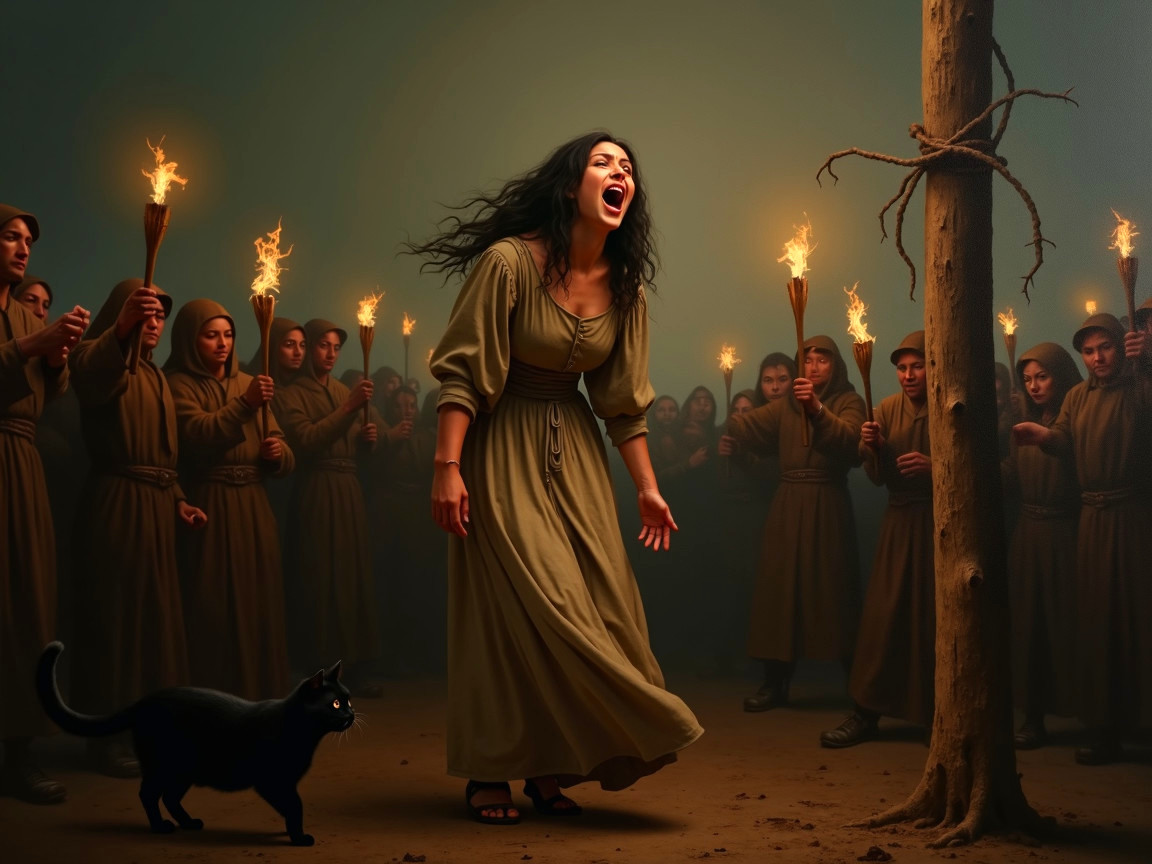 Woman in Brown Dress Surrounded by Hooded Figures