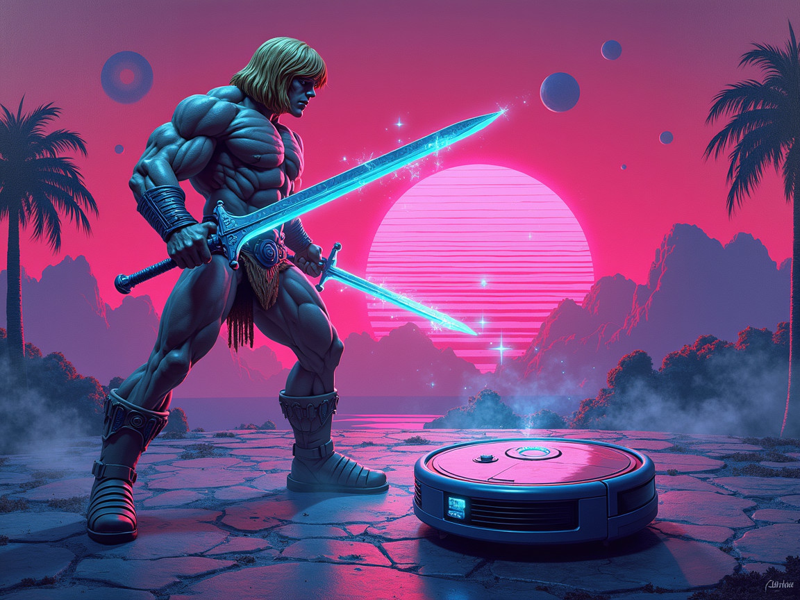 Muscular Warrior with Dual Swords in Neon Landscape