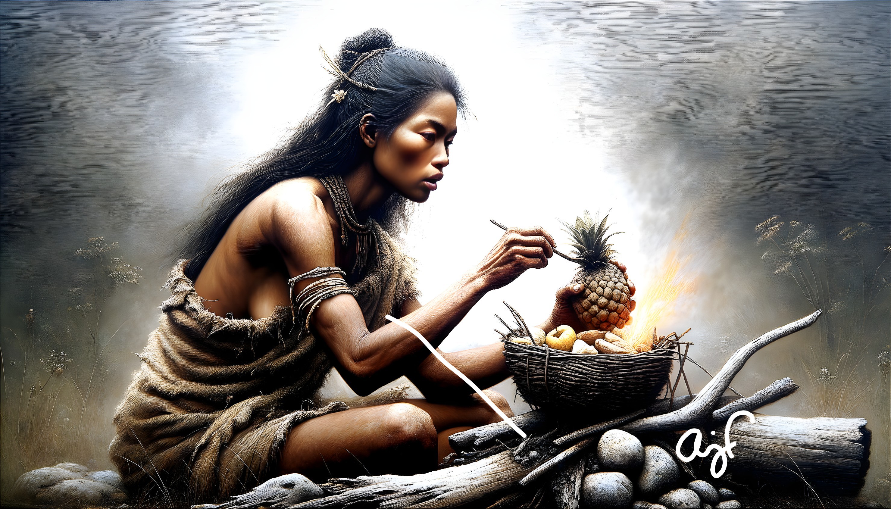 Prehistoric Scene of Woman Crafting Food by Fire