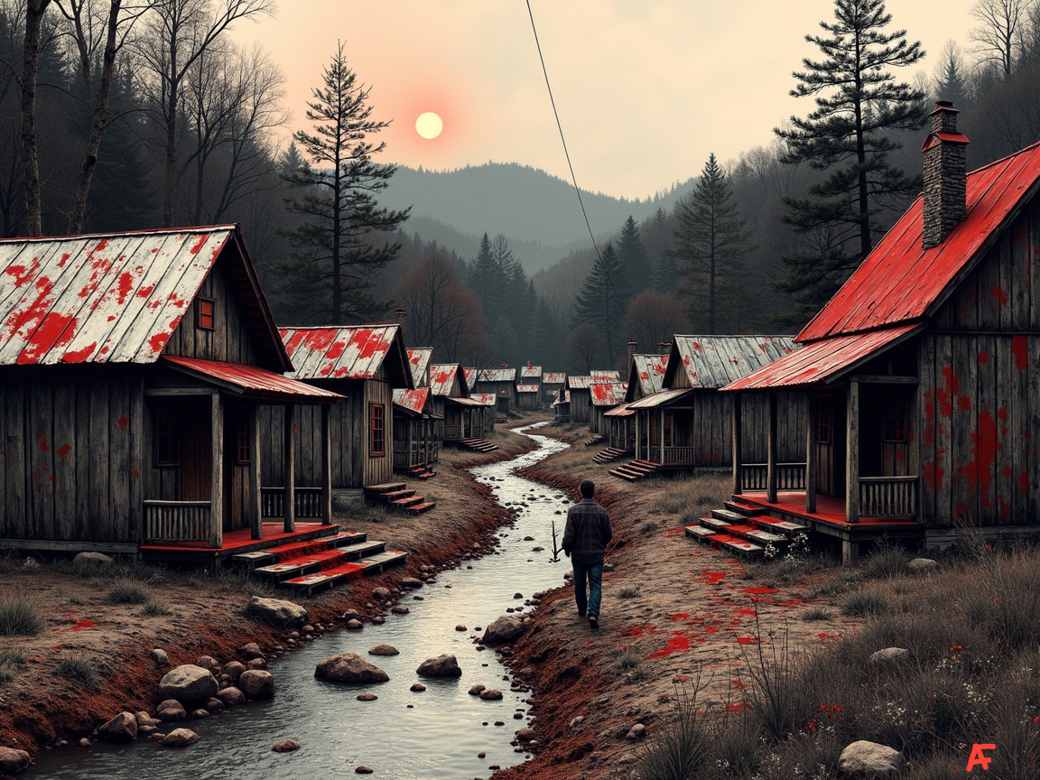 Desolate Landscape with Rustic Cabins and Stream