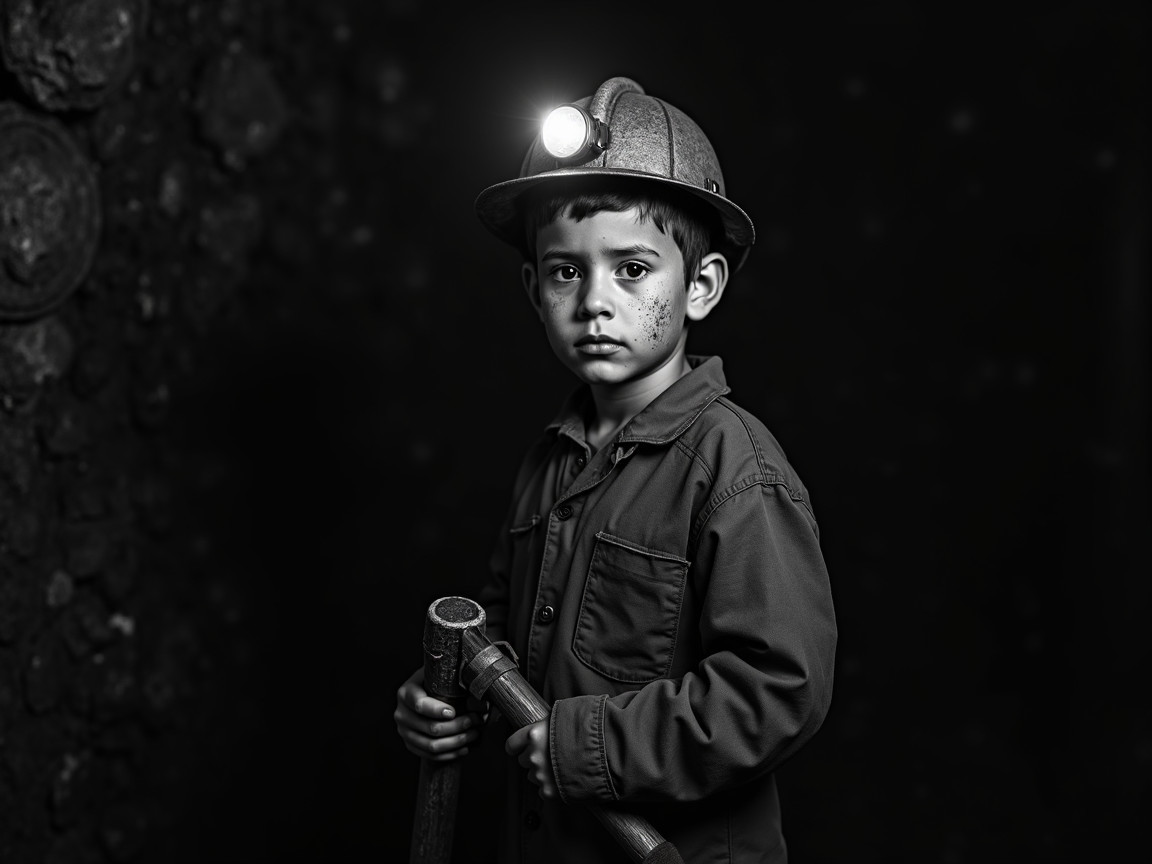 Young Boy in Miner's Helmet and Rugged Attire