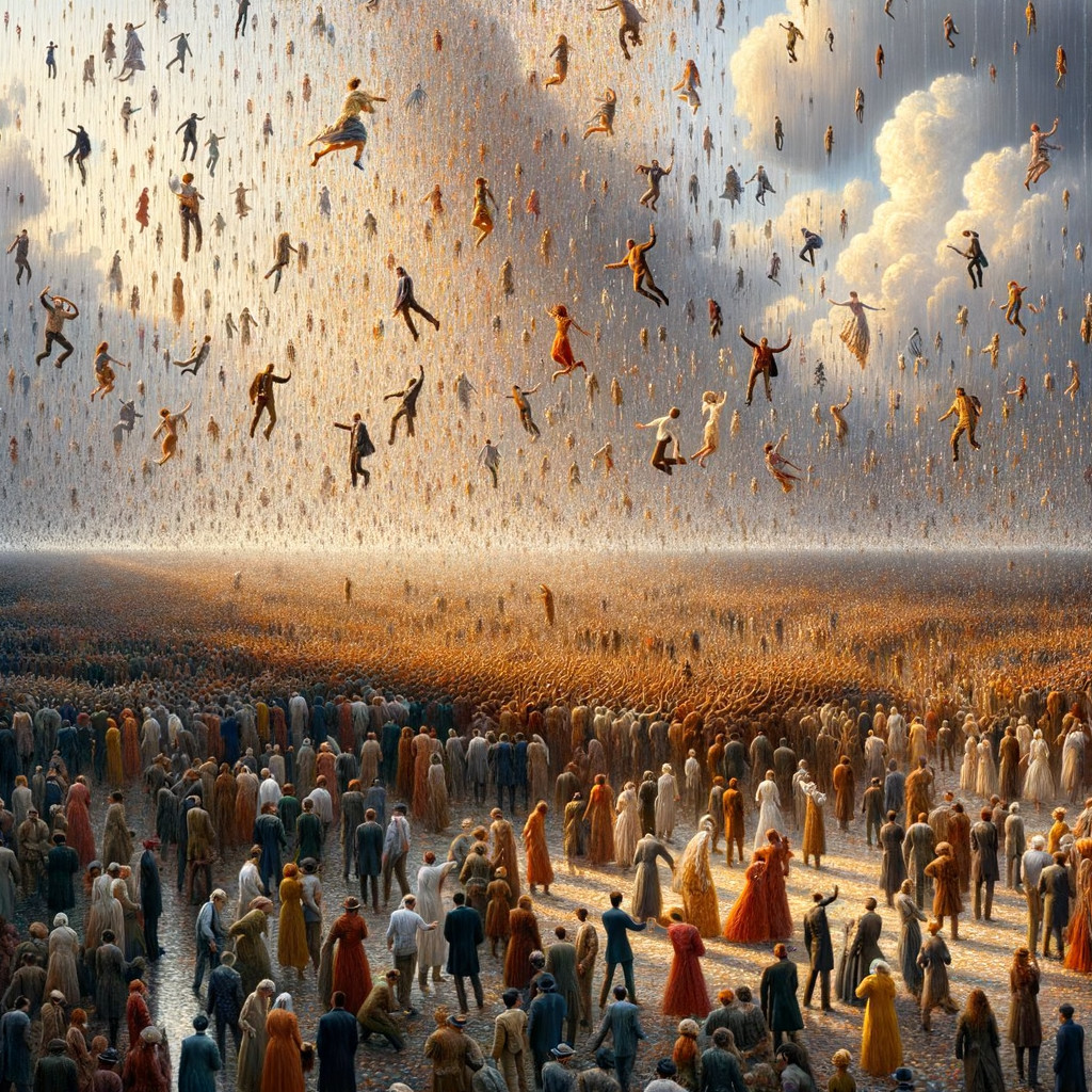Crowd Watching Floating Figures in Surreal Sky Scene