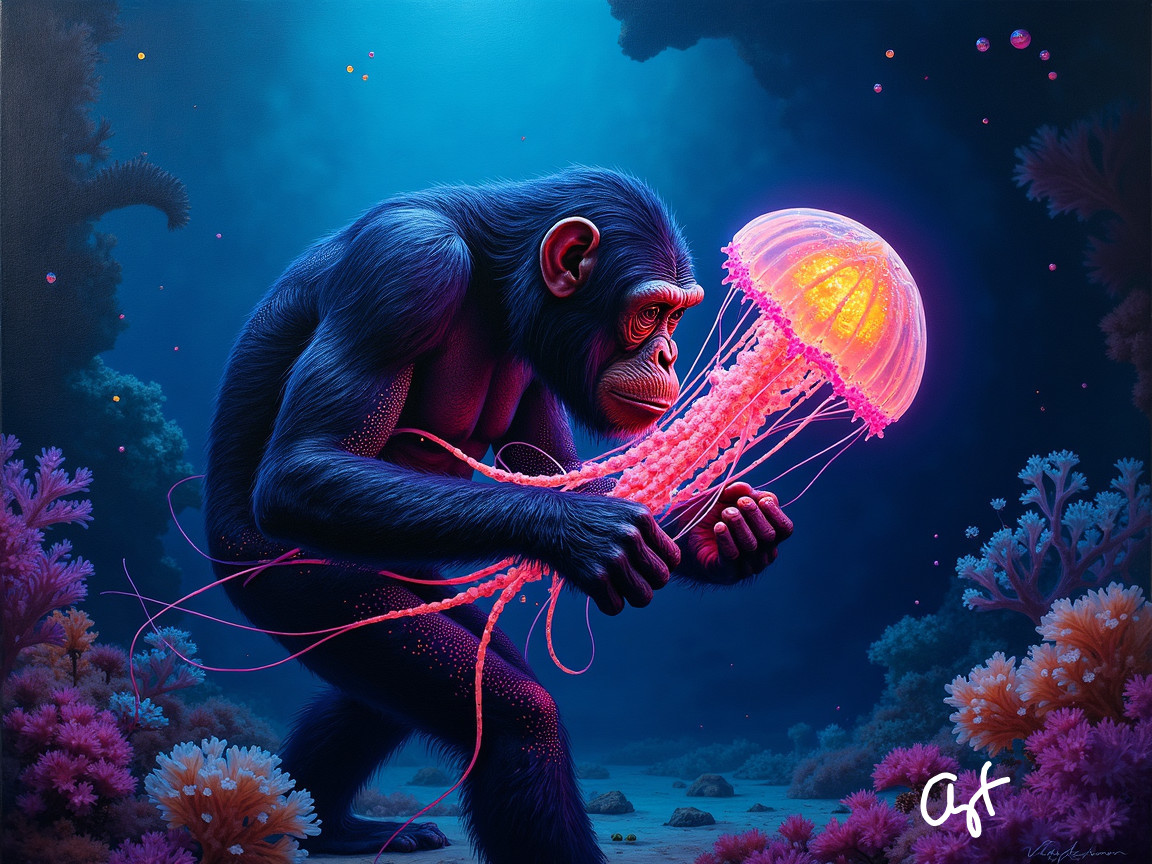 Surreal Underwater Scene with Chimpanzee and Jellyfish