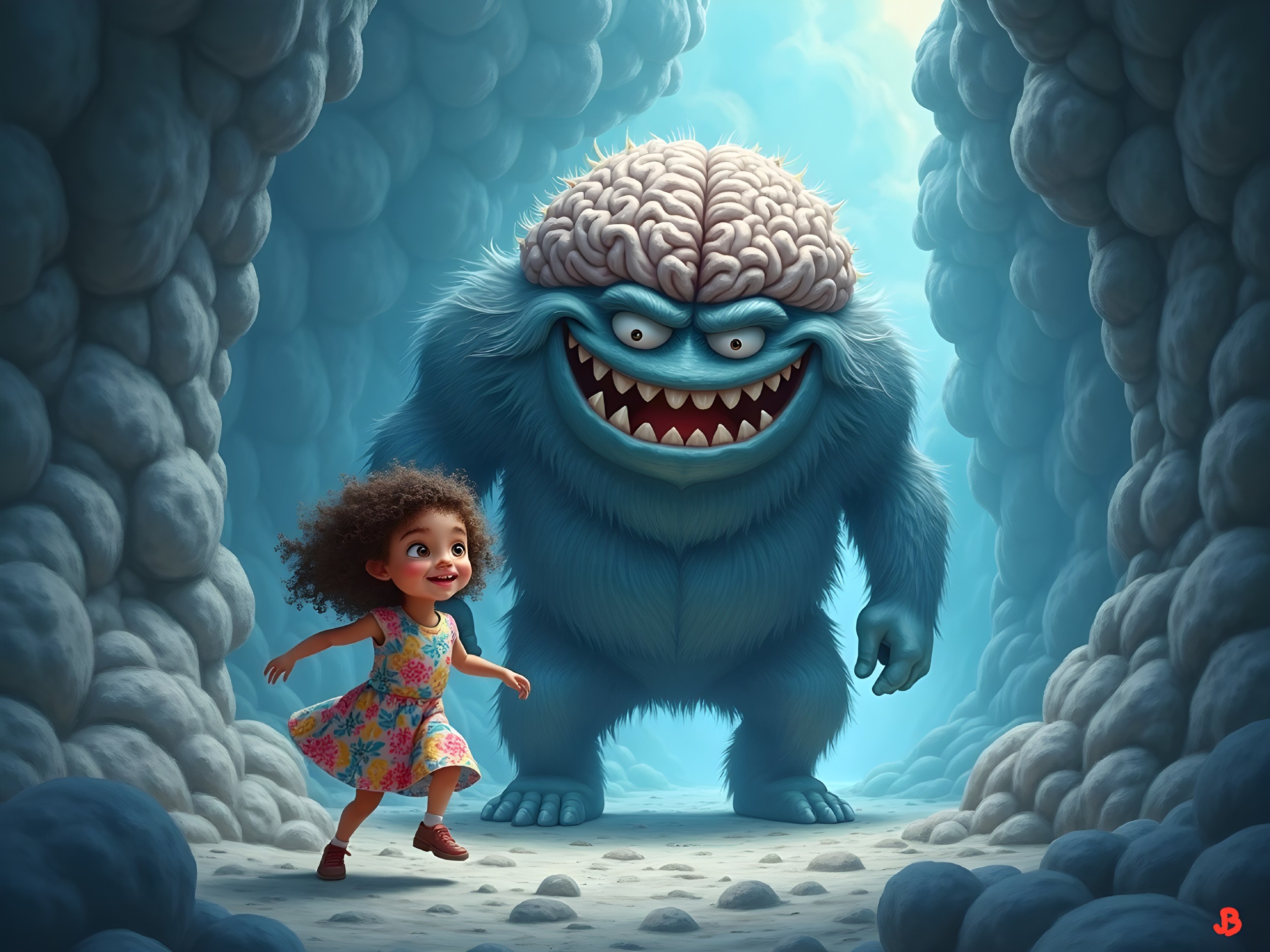 Cheerful girl and furry creature in whimsical corridor