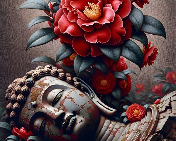 Buddha Head Surrounded by Camellia Flowers and Leaves