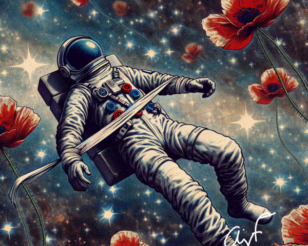 Astronaut in Space Surrounded by Red Poppies