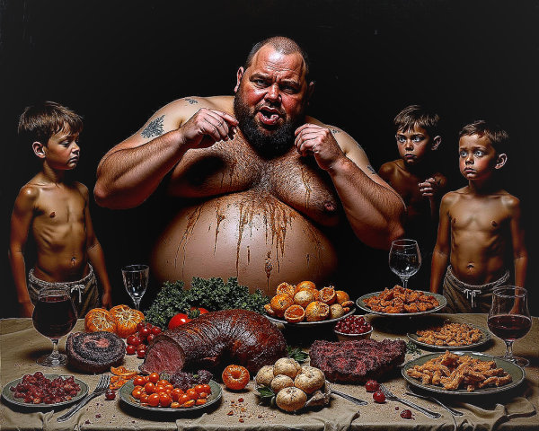 Shirtless Man Gesturing at Lavish Feast with Boys
