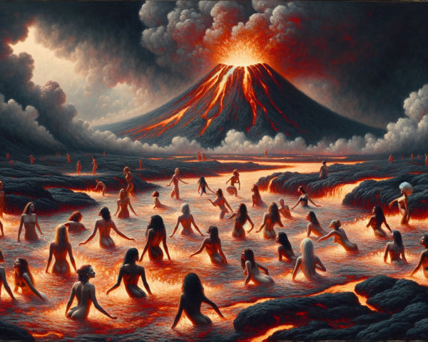 Surreal Landscape with Figures in Molten Environment