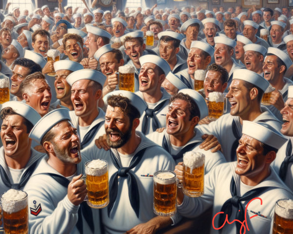 Sailors in White Uniforms Celebrate in Lively Tavern
