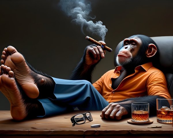 Chilled Chimpanzee at Desk with Cigar and Whiskey
