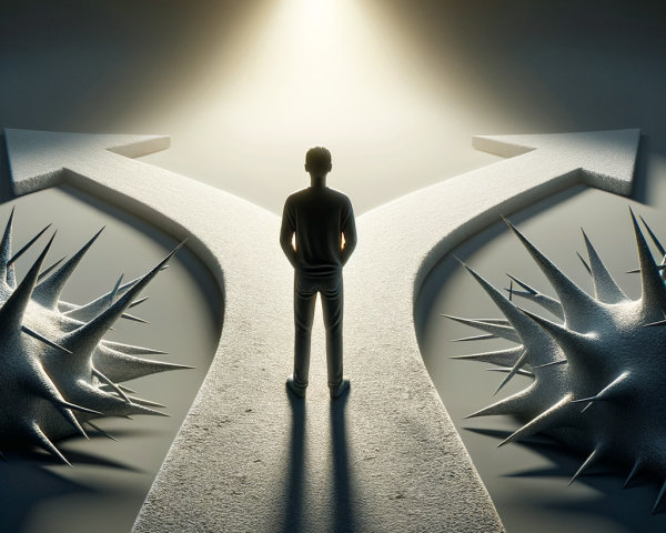 Solitary Figure at a Fork in the Road with Obstacles