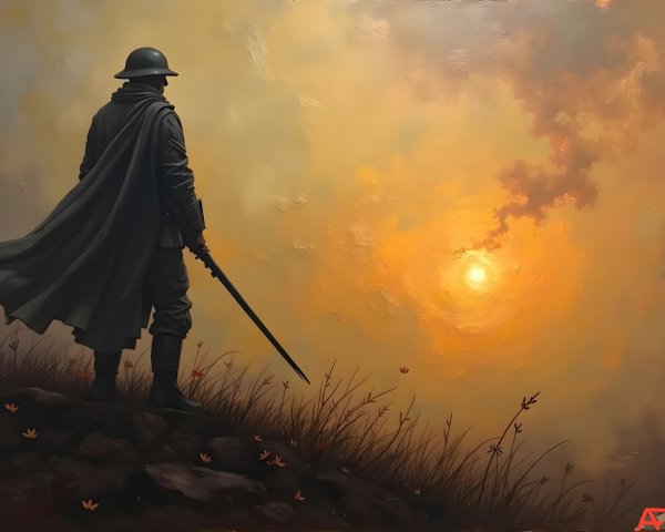 Lone Soldier Silhouetted at Sunset with Autumn Landscape