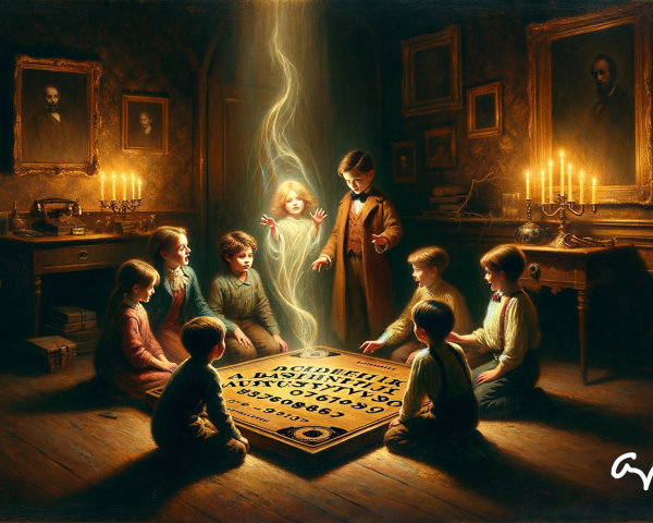 Children Using Ouija Board in Dimly Lit Room