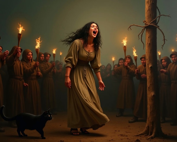 Woman in Brown Dress Surrounded by Hooded Figures