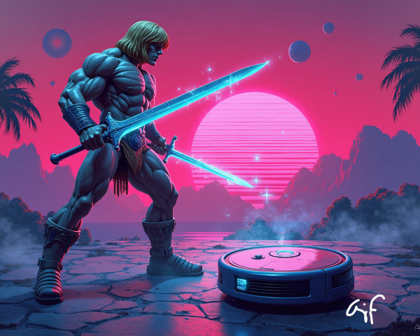 Muscular Warrior with Dual Swords in Neon Landscape