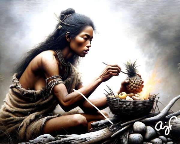 Prehistoric Scene of Woman Crafting Food by Fire