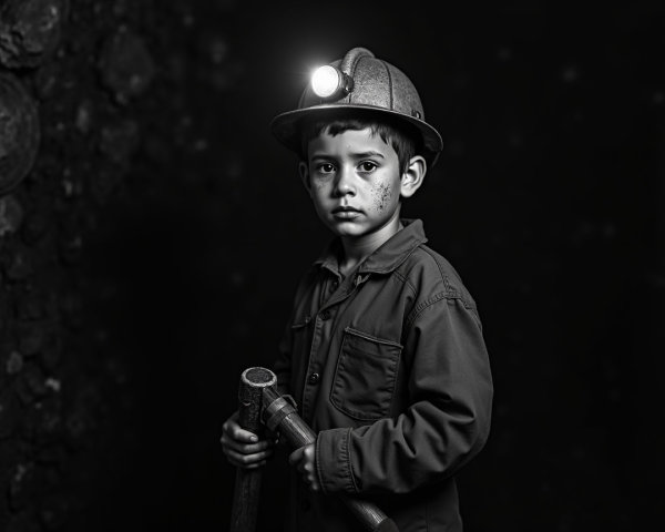 Young Boy in Miner's Helmet and Rugged Attire