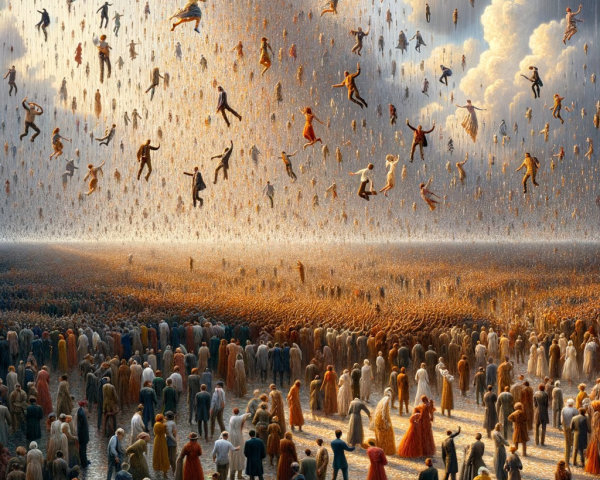 Crowd Watching Floating Figures in Surreal Sky Scene