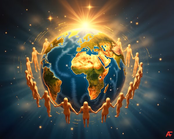Glowing Earth with Stylized Figures Symbolizing Unity